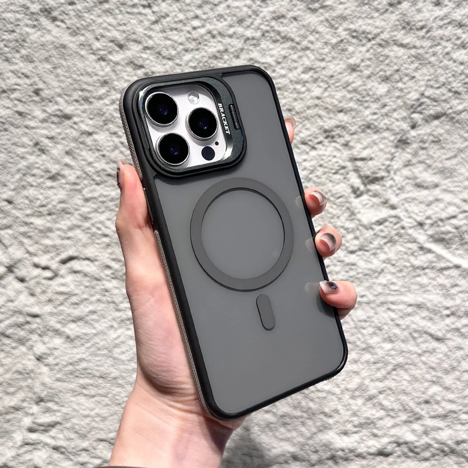Invisible lens bracket magnetic phone case for iPhone in RW Black colour, showing TPU PC two-in-one design with integrated bracket