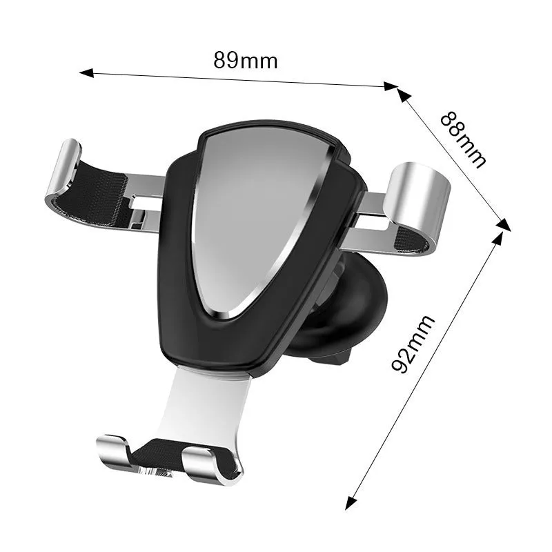 Car sensor gravity bracket for mobile phone in silver finish, showing air outlet clip and phone holding arms