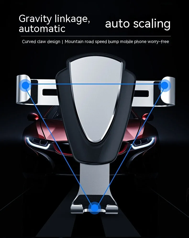 Car sensor gravity bracket for mobile phone in silver finish, showing air outlet clip and phone holding arms