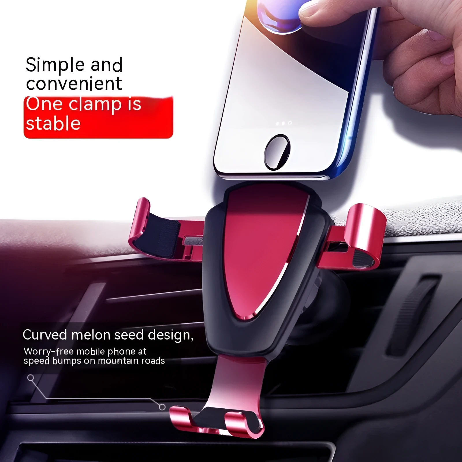 Car sensor gravity bracket for mobile phone in silver finish, showing air outlet clip and phone holding arms