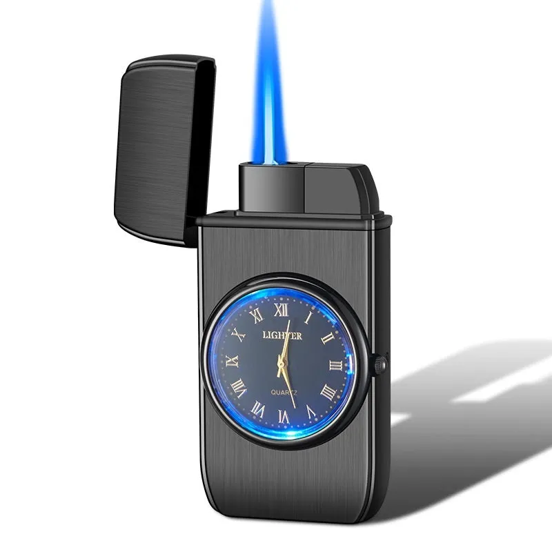 Multifunctional metal electronic watch lighter with LED flash light in various brushed and textured finishes.