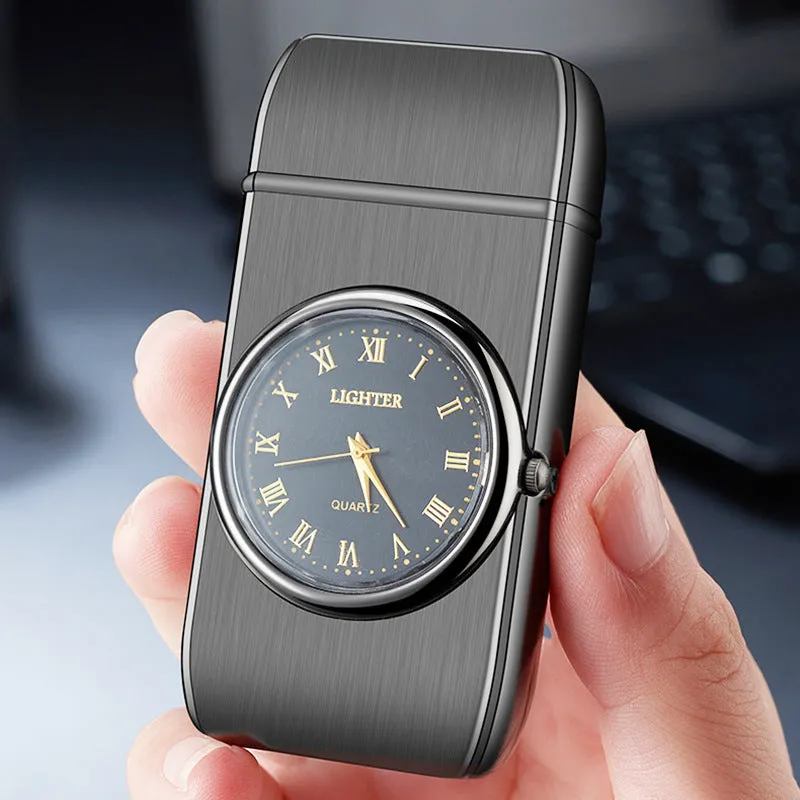 Multifunctional metal electronic watch lighter with LED flash light in various brushed and textured finishes.