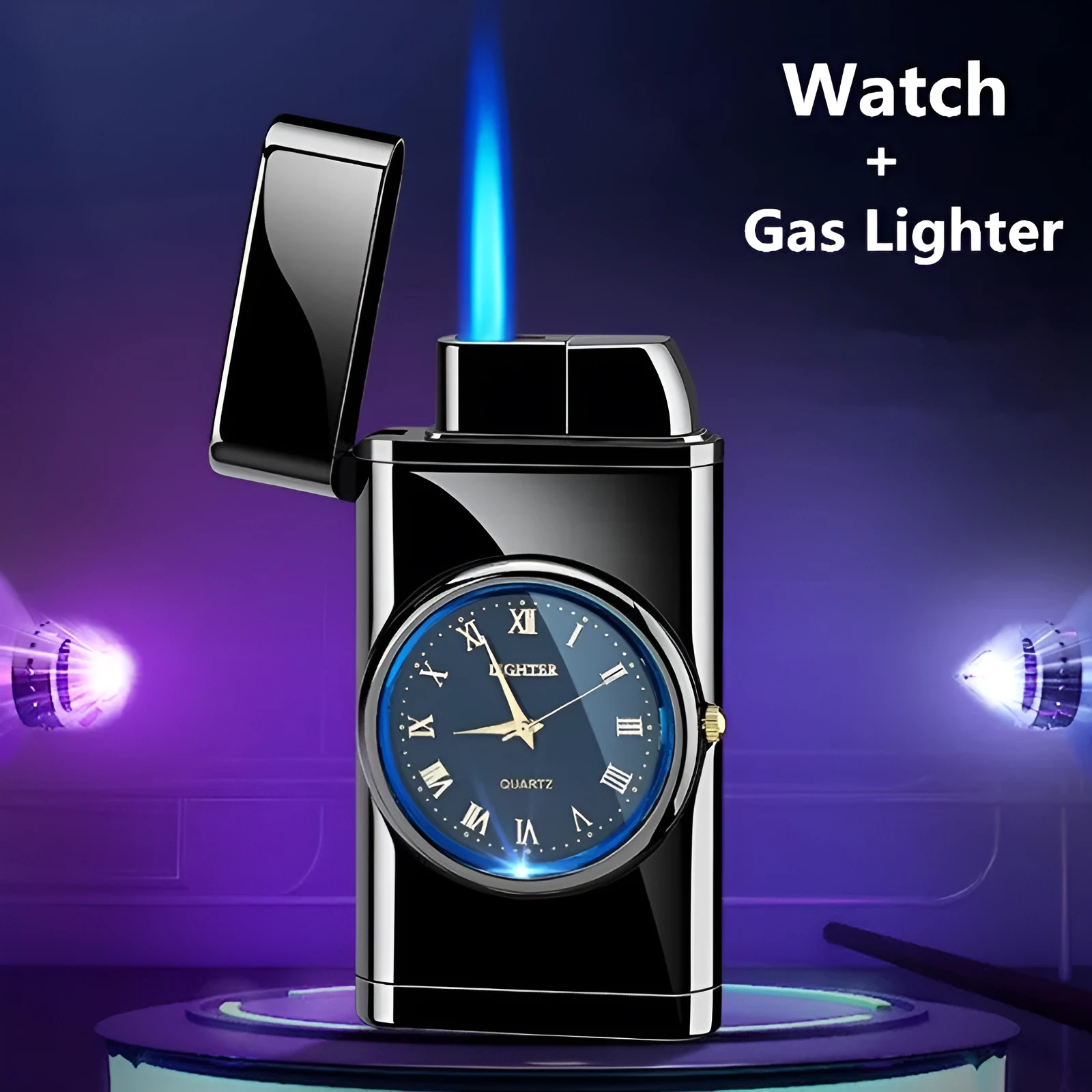 Multifunctional metal electronic watch lighter with LED flash light in various brushed and textured finishes.