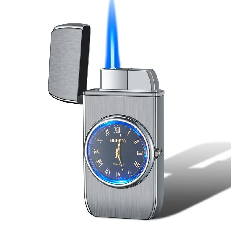 Multifunctional metal electronic watch lighter with LED flash light in various brushed and textured finishes.