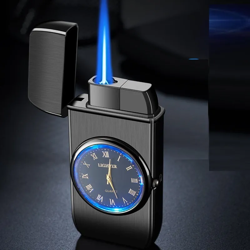 Multifunctional metal electronic watch lighter with LED flash light in various brushed and textured finishes.
