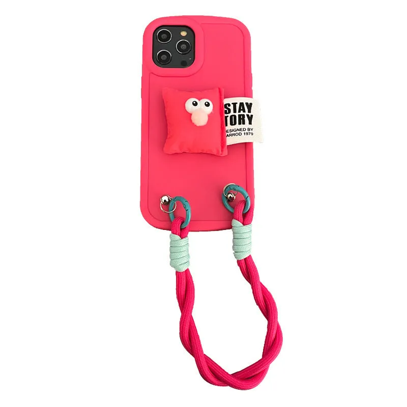 Rose red TPU phone case with built-in pillow bracket and lanyard for iPhone, fall protection design
