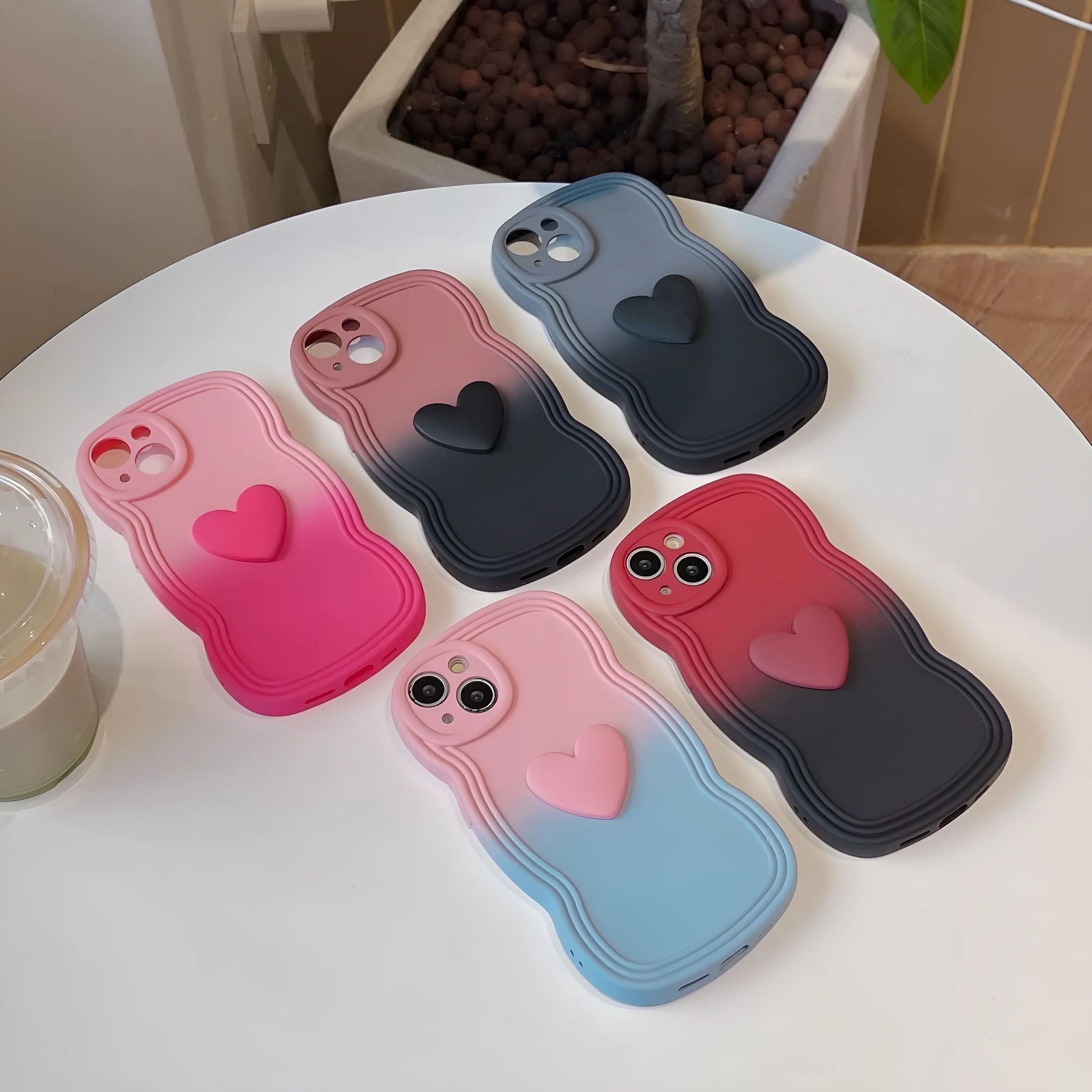 Liquid silicone love heart wavy edge phone case in red gradient black for iPhone 14 Pro Max