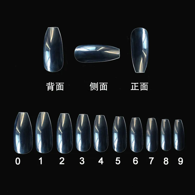 500 clear natural acrylic false nails in various sizes on a white background.