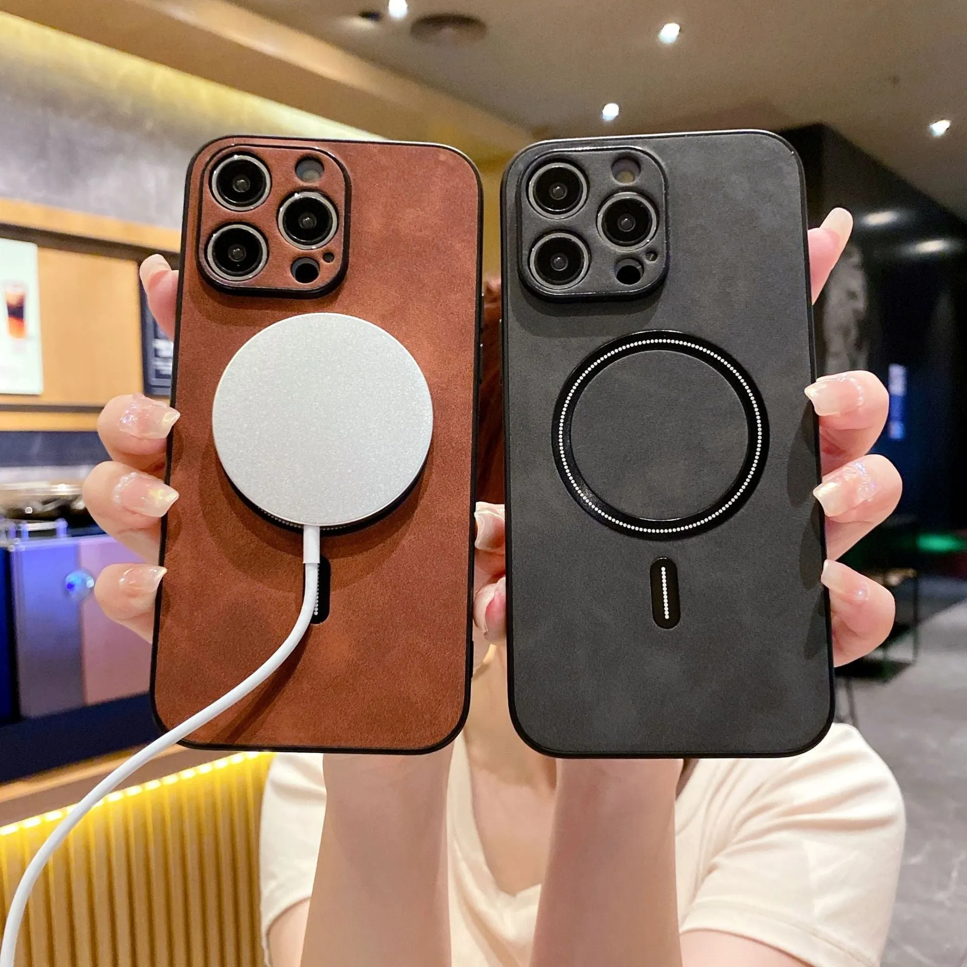Magnetic PC phone case for iPhone in dark gray with camera cutout and raised edges