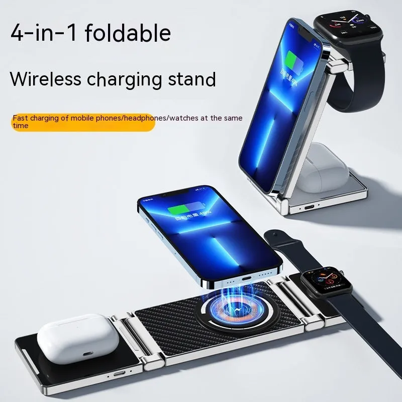 Multifunctional folding magnetic wireless charger four-in-one for Apple devices in black with phone, earphones and watch charging