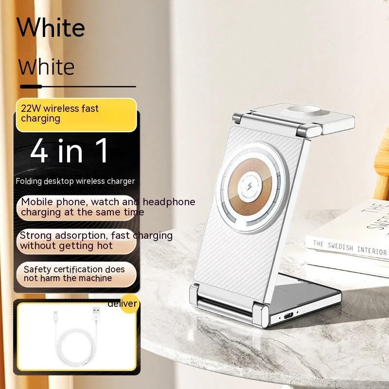 Multifunctional folding magnetic wireless charger four-in-one for Apple devices in black with phone, earphones and watch charging