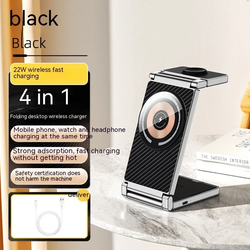 Multifunctional folding magnetic wireless charger four-in-one for Apple devices in black with phone, earphones and watch charging