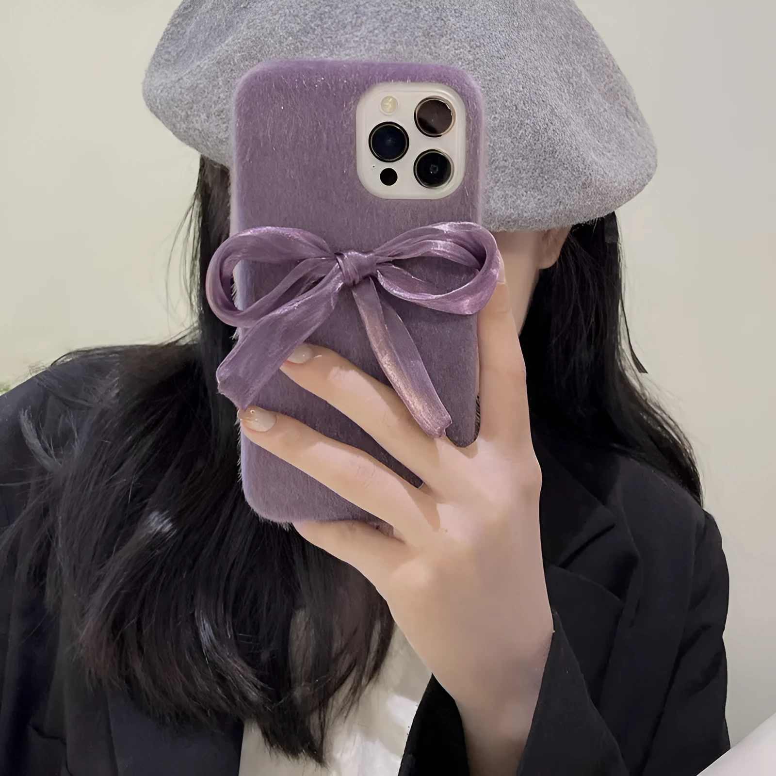 Purple Korean style silk bow plush phone case for Apple iPhone with fall protection