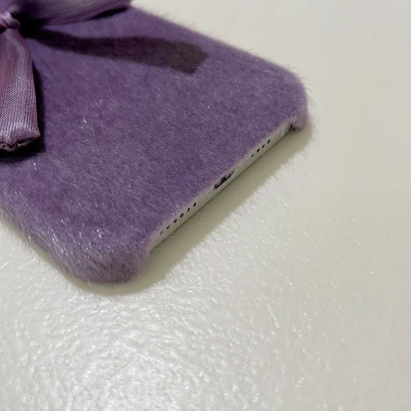 Purple Korean style silk bow plush phone case for Apple iPhone with fall protection