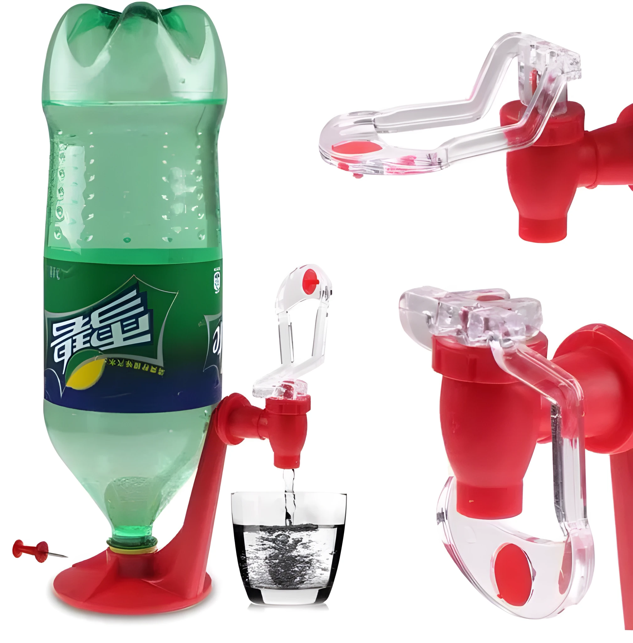 Red plastic Magic Tap soda dispenser attached to 2-liter bottle showing push-in tap mechanism