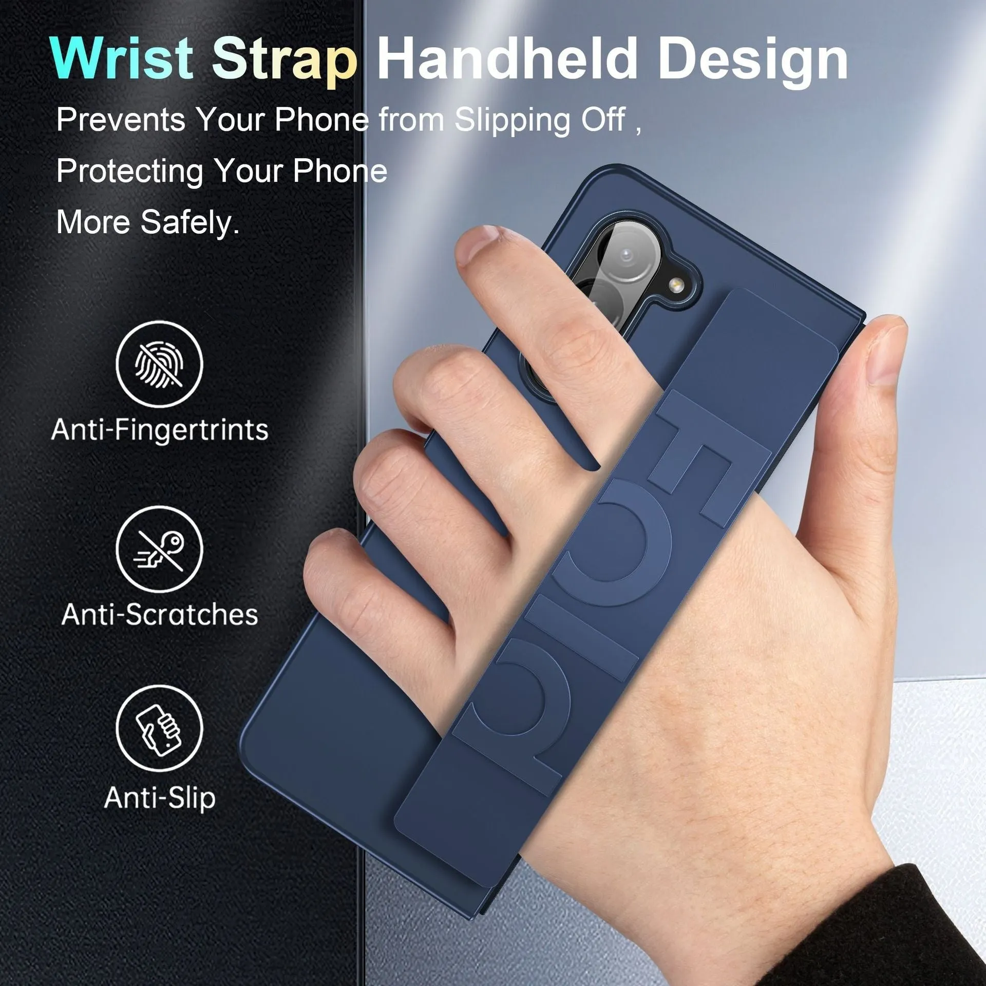 Samsung silicone phone case with elastic wrist strap and flip screen cover in black