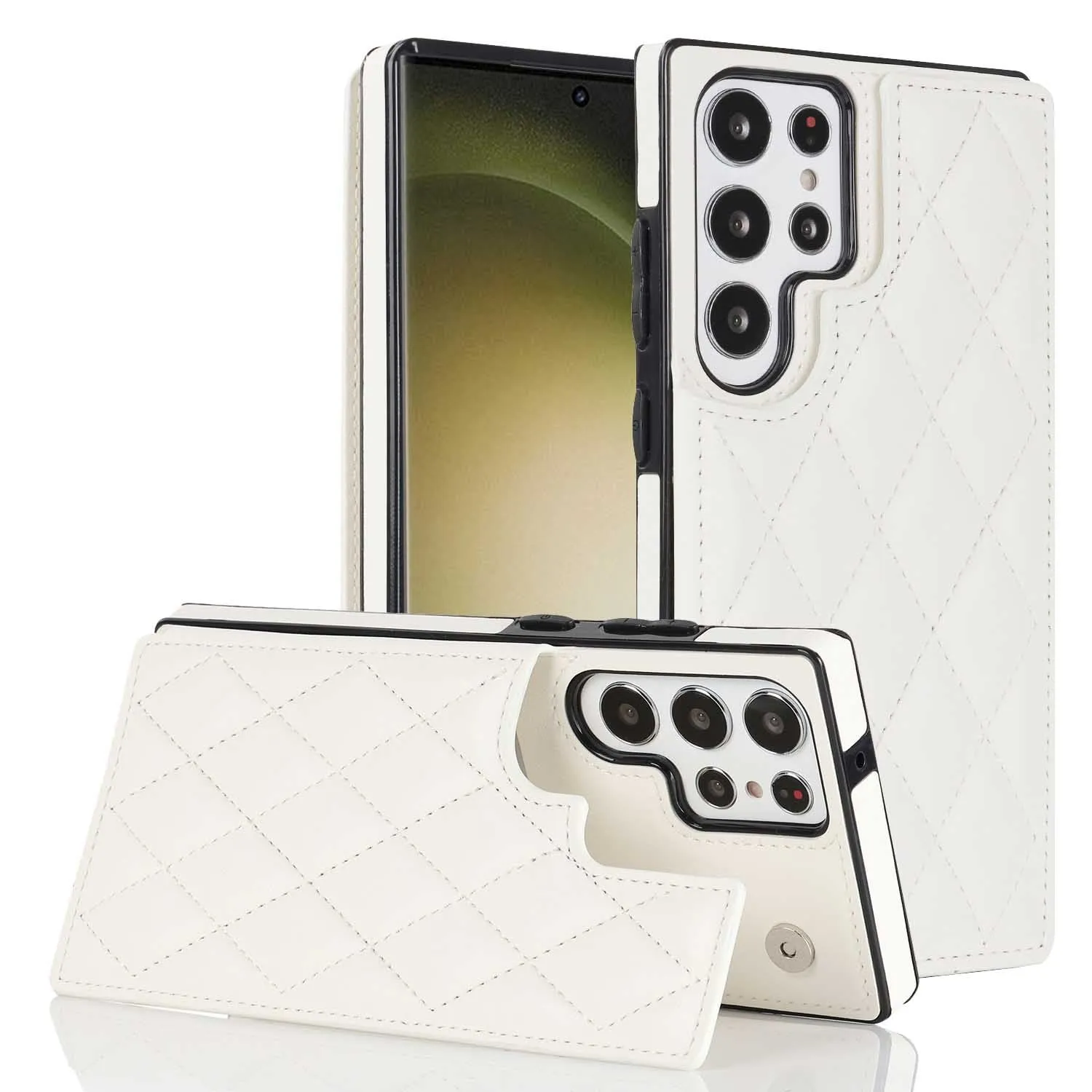 Samsung plaid double buckle phone case with card slots and kickstand, black colour, on white background