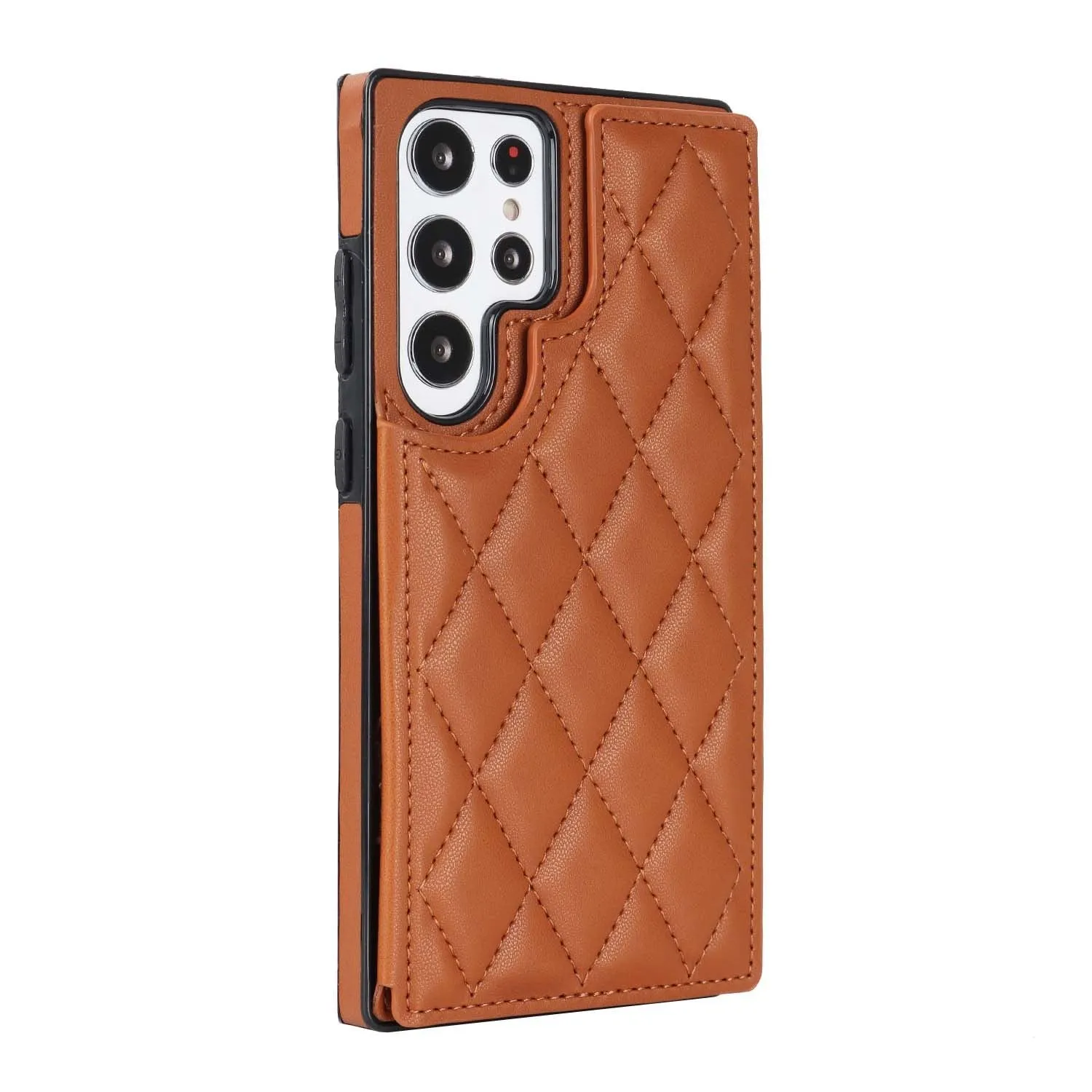 Samsung plaid double buckle phone case with card slots and kickstand, black colour, on white background