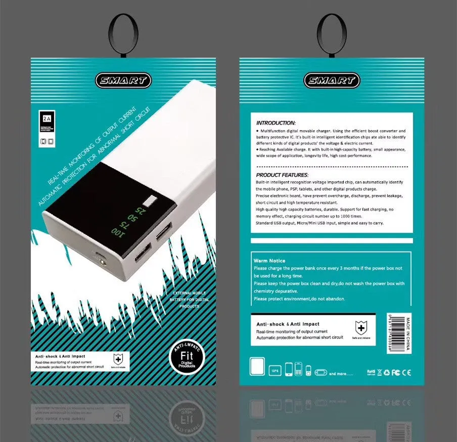 Black 20000mAh power bank with aluminium shell 18650 batteries showing charging port