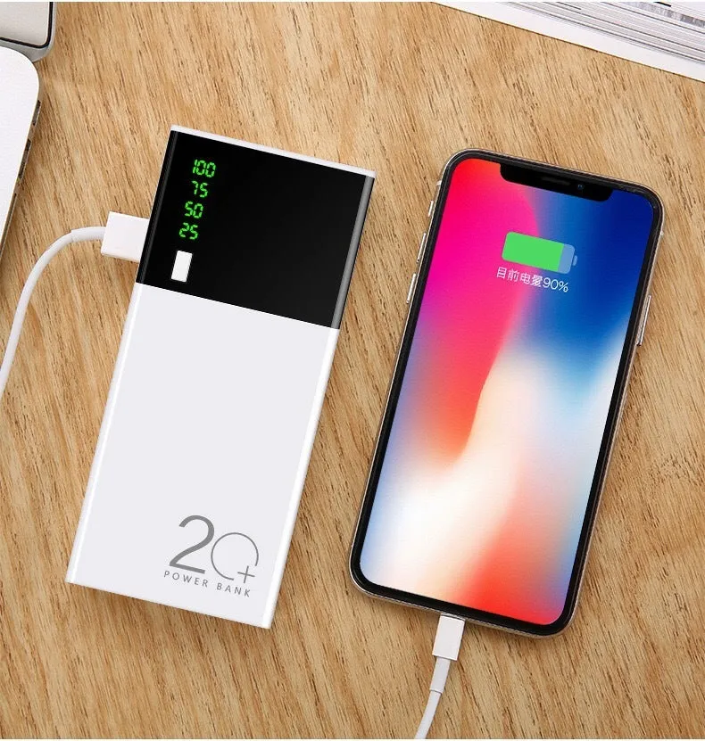 Black 20000mAh power bank with aluminium shell 18650 batteries showing charging port