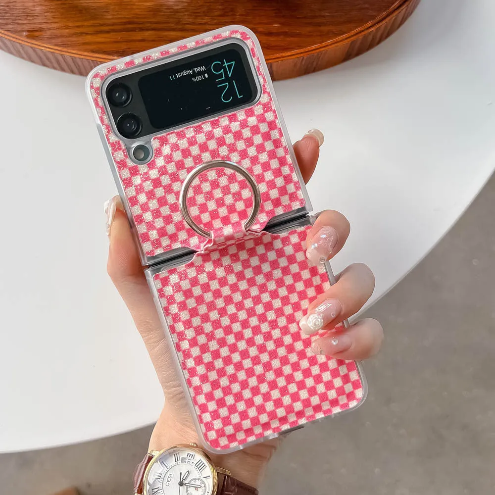 Foldable screen plaid ring phone case for Samsung Galaxy Z Flip 3 and Z Flip 4 in black with ring grip