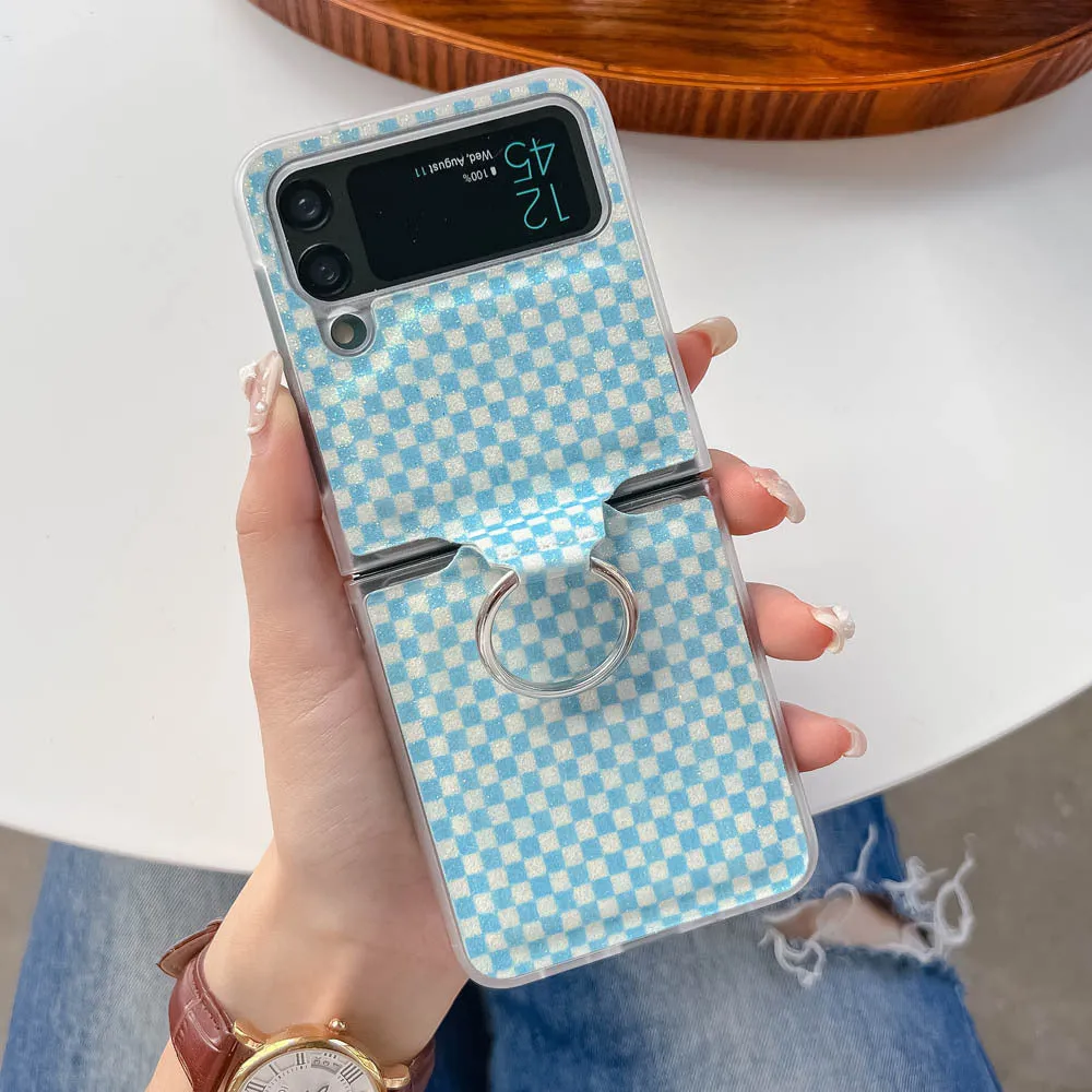 Foldable screen plaid ring phone case for Samsung Galaxy Z Flip 3 and Z Flip 4 in black with ring grip