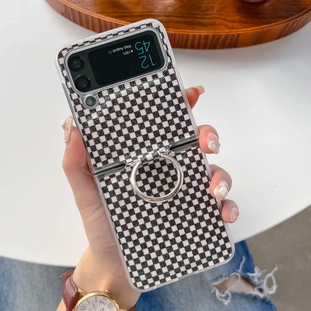 Foldable screen plaid ring phone case for Samsung Galaxy Z Flip 3 and Z Flip 4 in black with ring grip