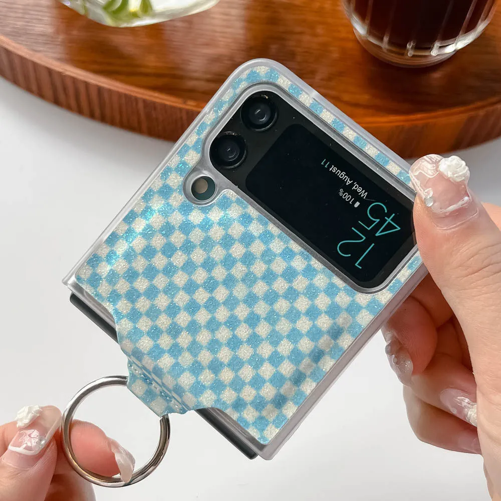 Foldable screen plaid ring phone case for Samsung Galaxy Z Flip 3 and Z Flip 4 in black with ring grip