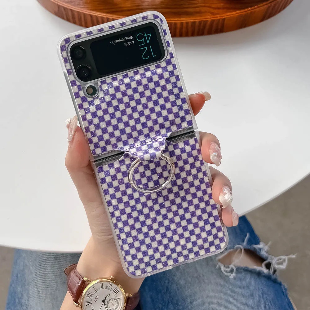 Foldable screen plaid ring phone case for Samsung Galaxy Z Flip 3 and Z Flip 4 in black with ring grip