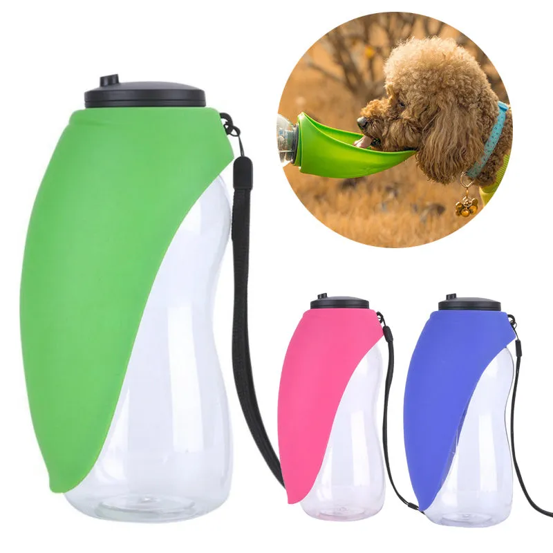 Portable dog water bottle with drinking bowl, 680ml capacity, leak-proof design in four colour options