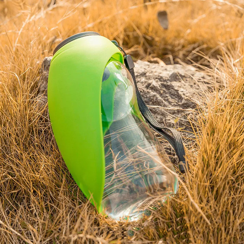 Portable dog water bottle with drinking bowl, 680ml capacity, leak-proof design in four colour options