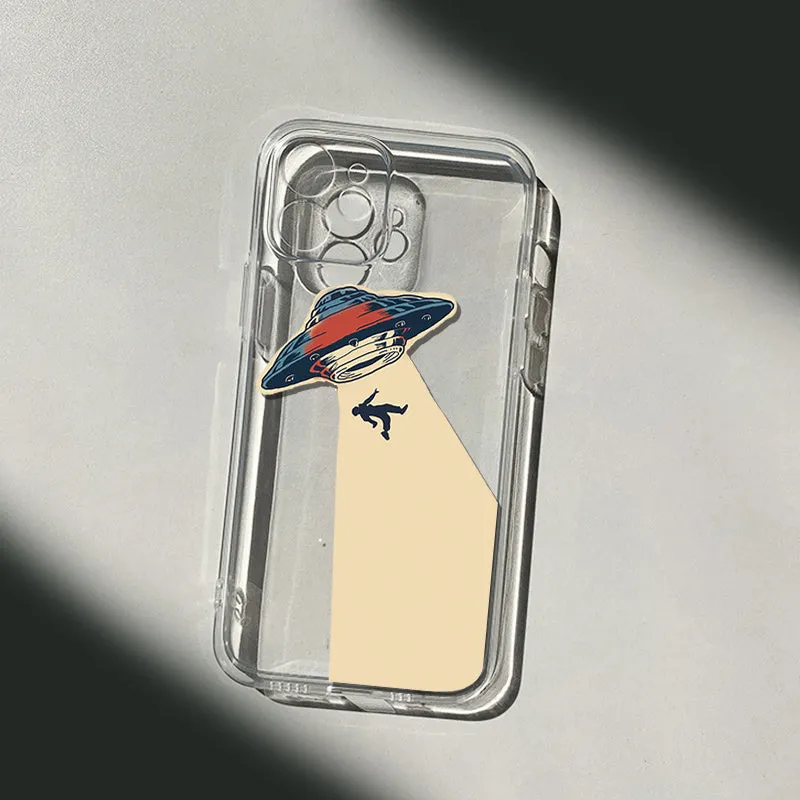 UFO astronaut transparent TPU phone case for iPhone, soft protective cover with astronaut graphic