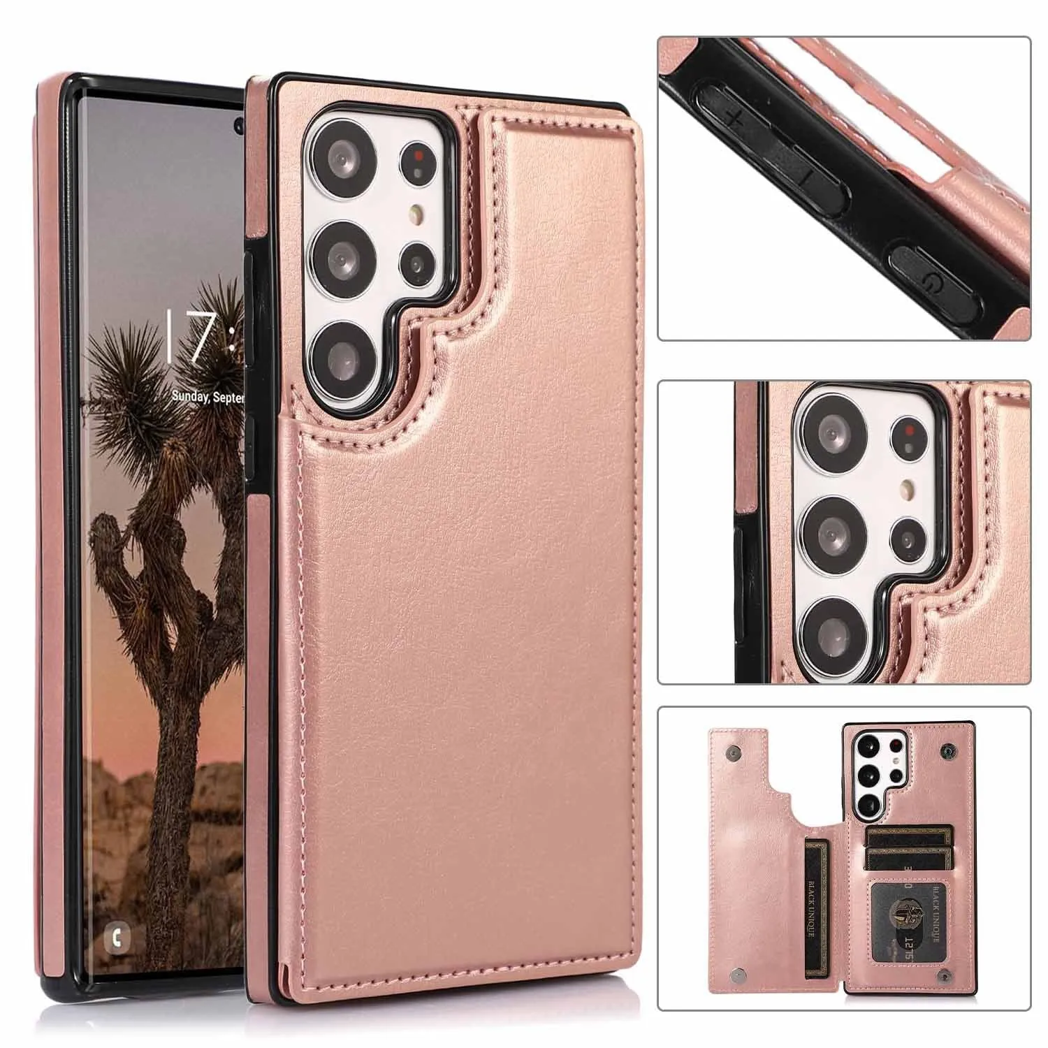 Solid colour double buckle PU leather phone case for Samsung with card slot and magnetic holder, black colour