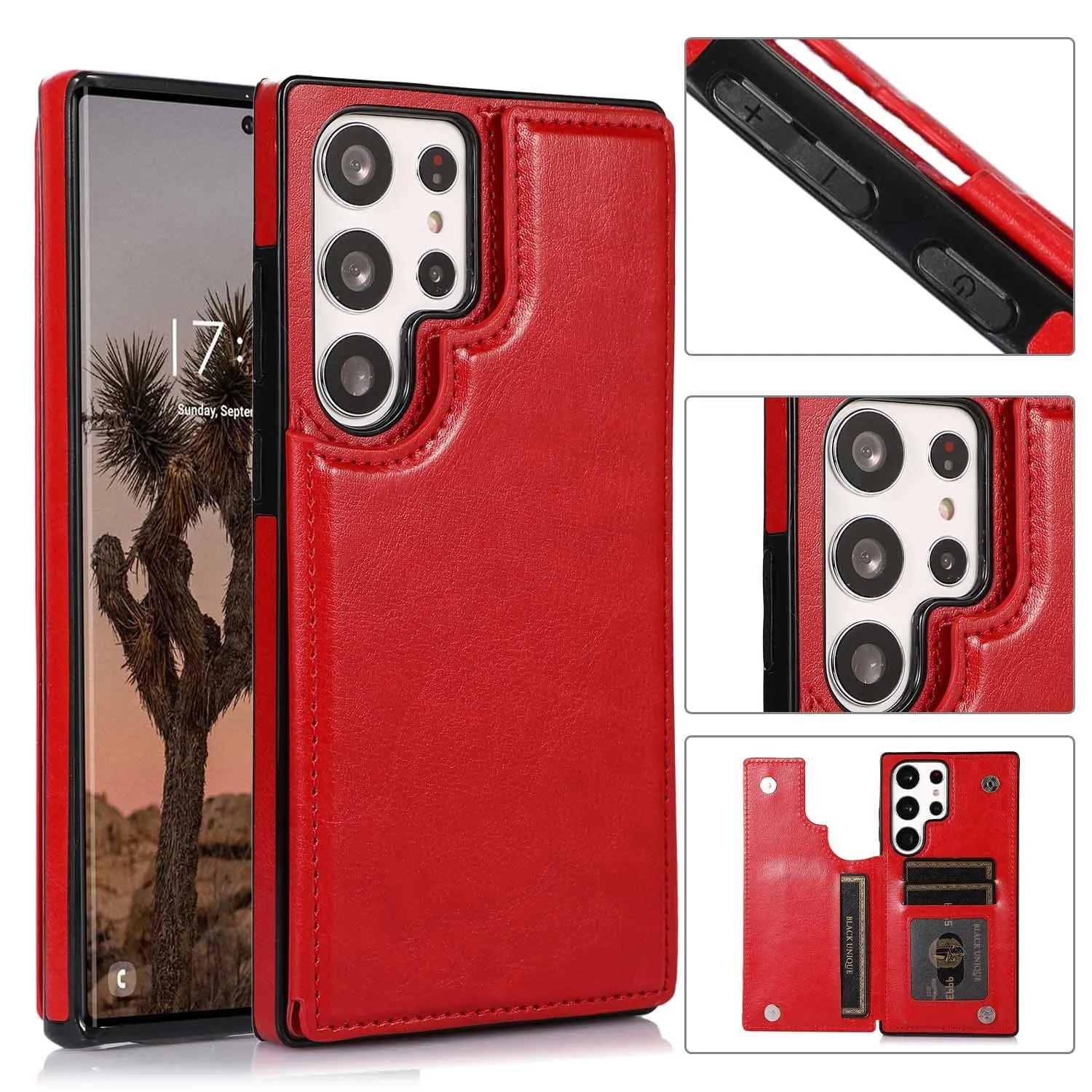 Solid colour double buckle PU leather phone case for Samsung with card slot and magnetic holder, black colour