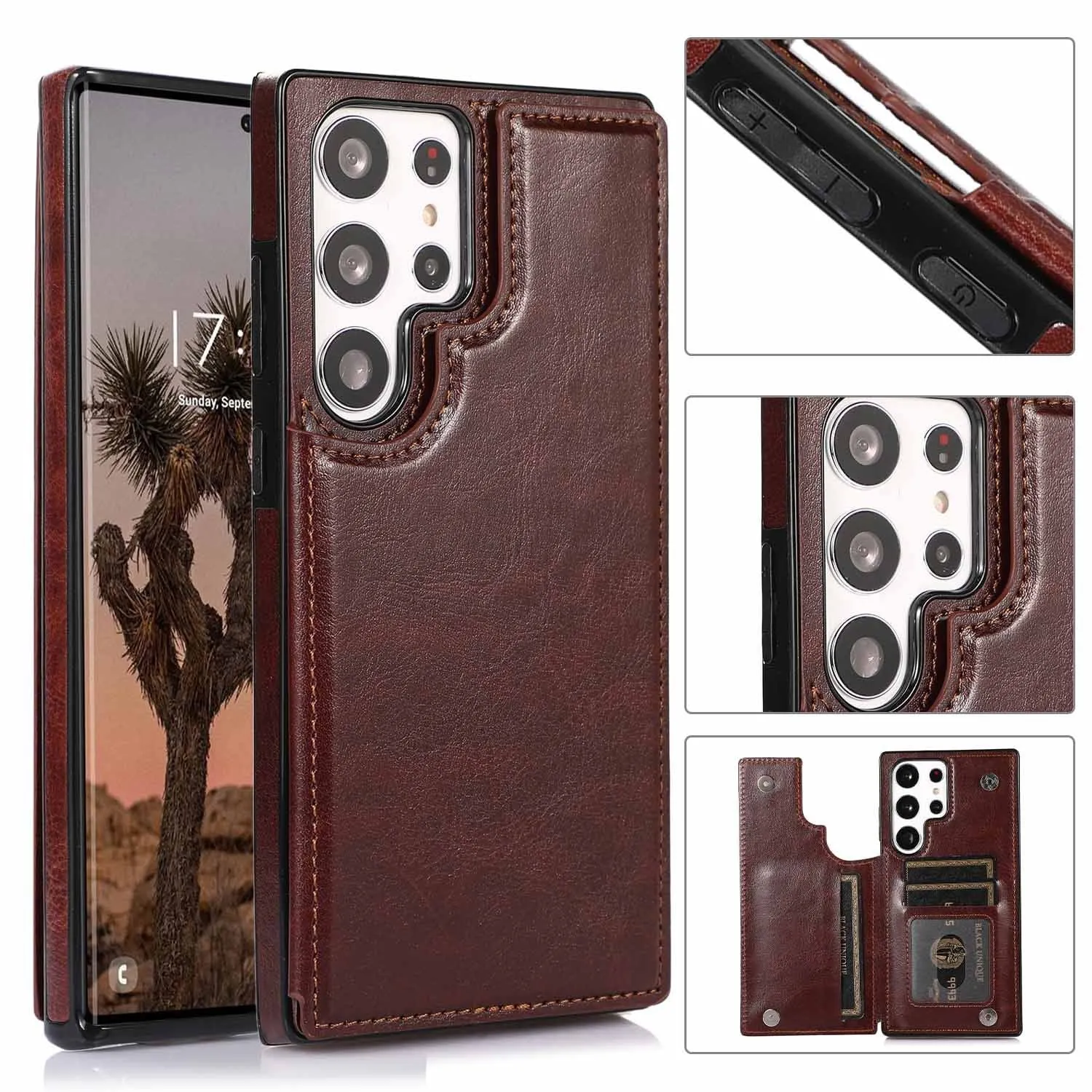 Solid colour double buckle PU leather phone case for Samsung with card slot and magnetic holder, black colour