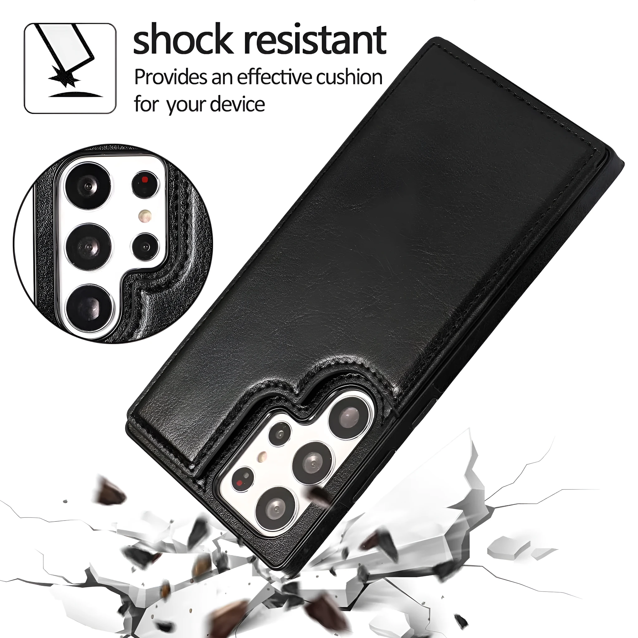 Solid colour double buckle PU leather phone case for Samsung with card slot and magnetic holder, black colour
