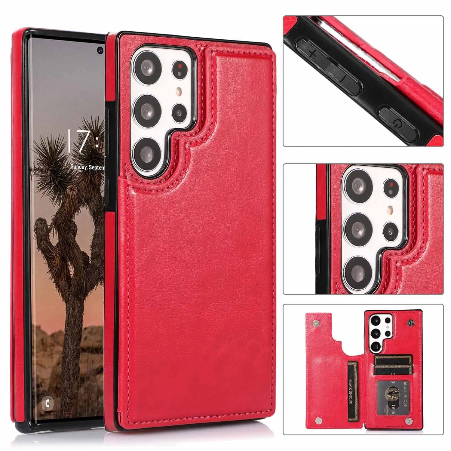Solid colour double buckle PU leather phone case for Samsung with card slot and magnetic holder, black colour