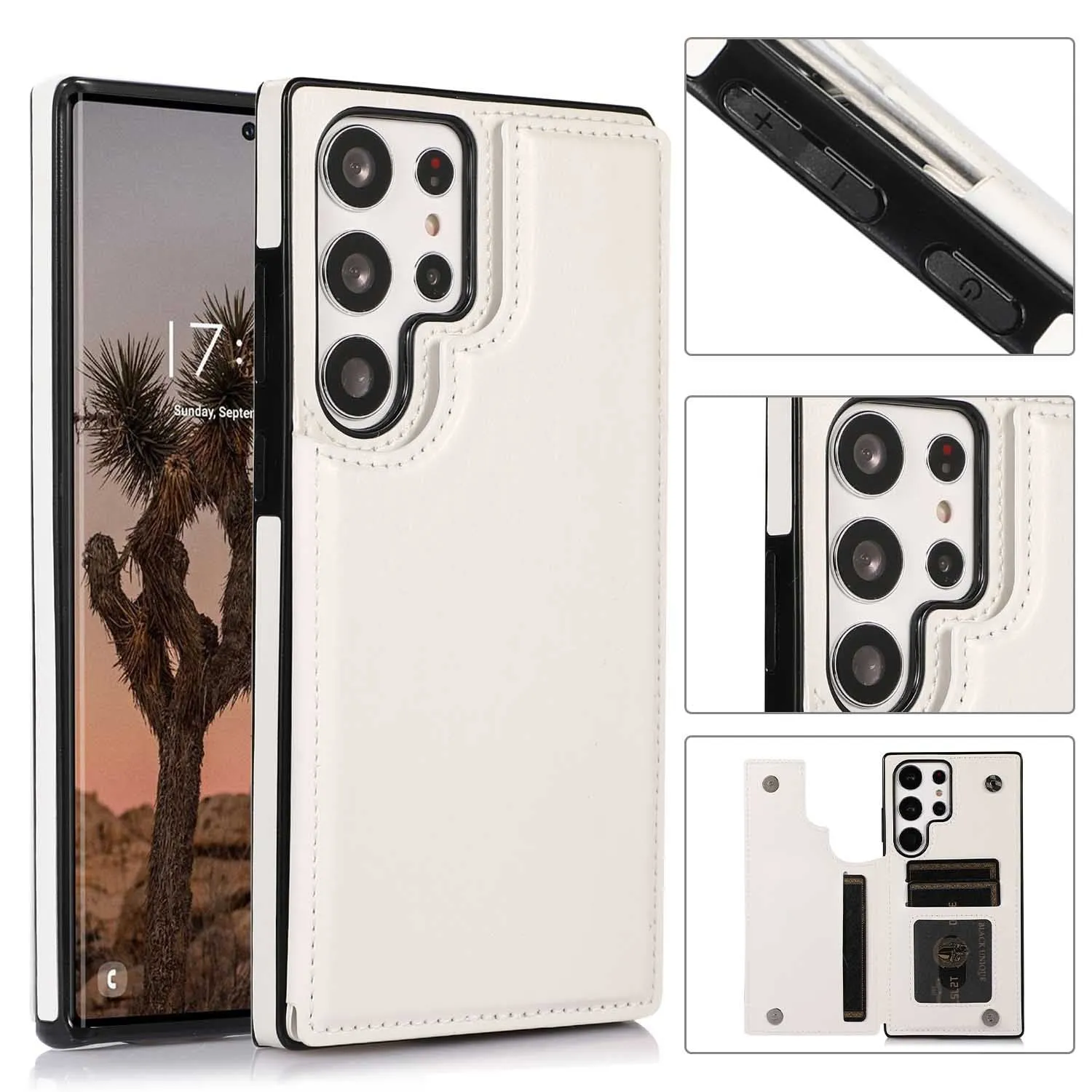 Solid colour double buckle PU leather phone case for Samsung with card slot and magnetic holder, black colour