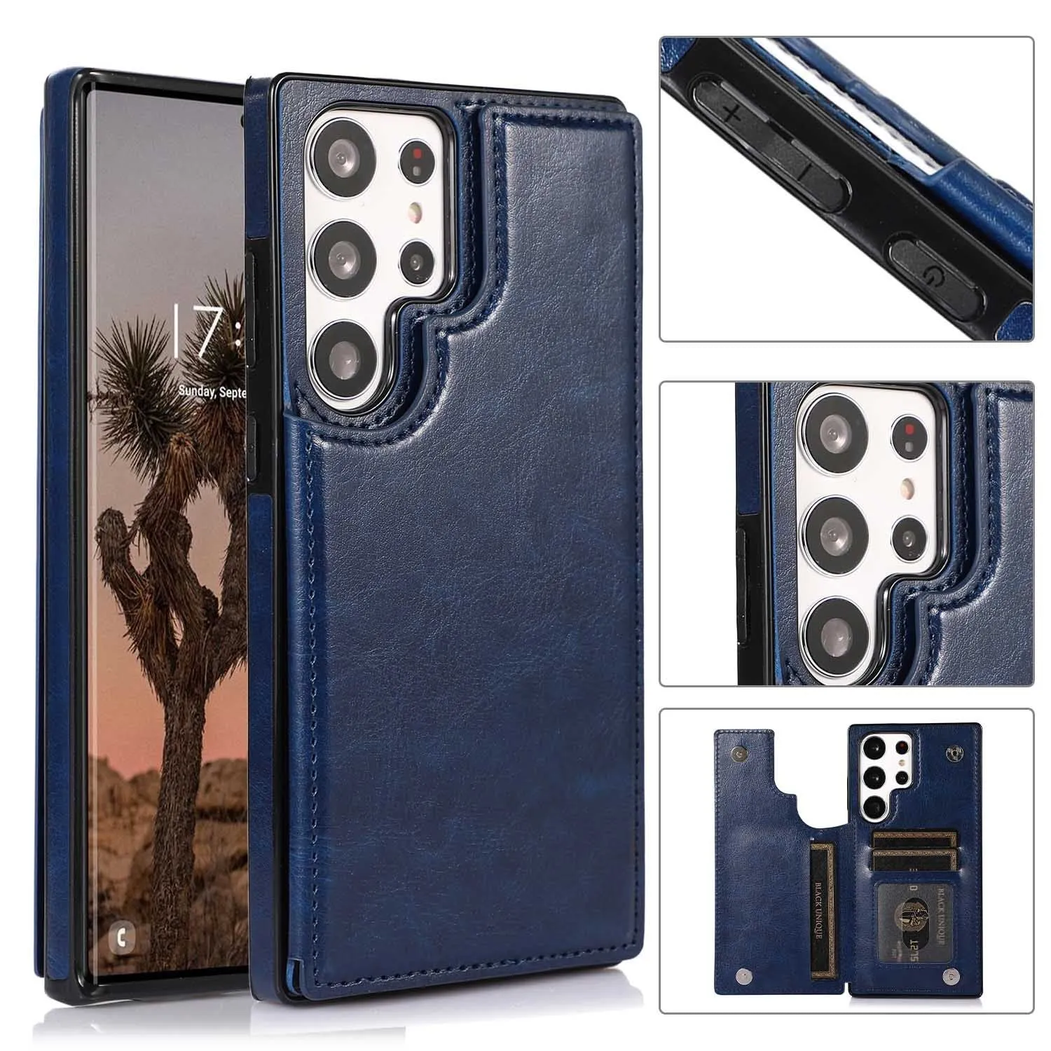 Solid colour double buckle PU leather phone case for Samsung with card slot and magnetic holder, black colour