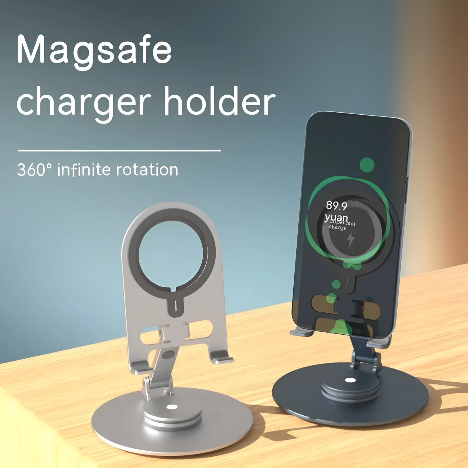 Desktop adjustable wireless charging stand with rotary arm in silver, alloy construction
