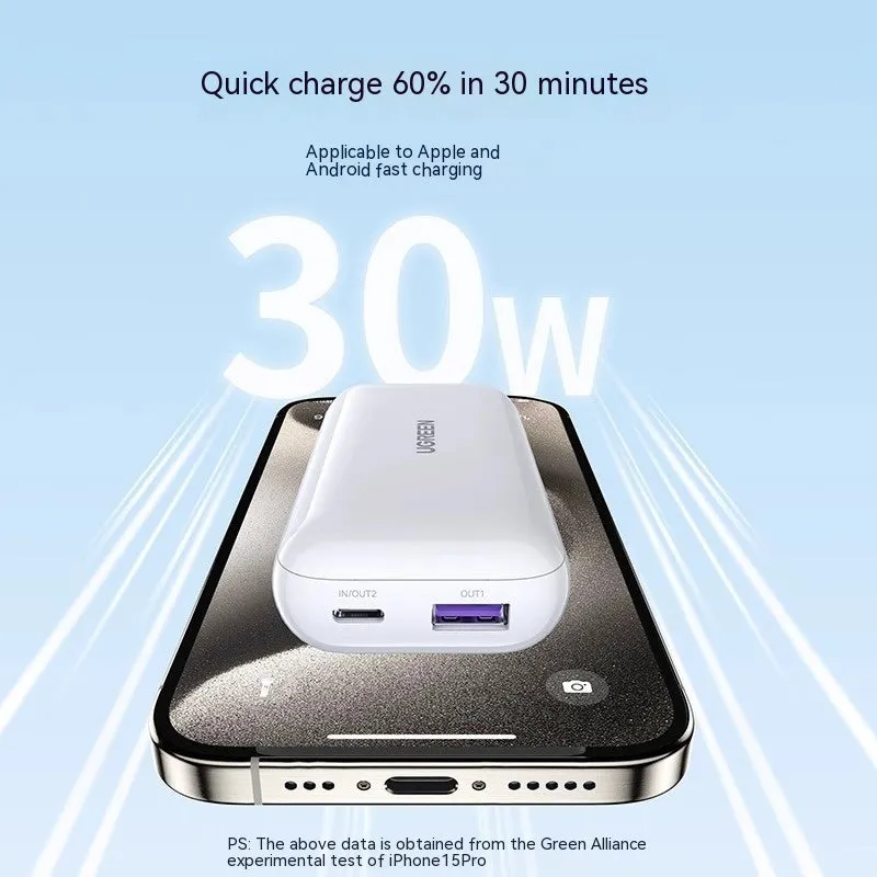 30W Fast Charge 10000 mAh power bank in Cloud White with plastic shell, showing USB-C and USB-A ports, compact size