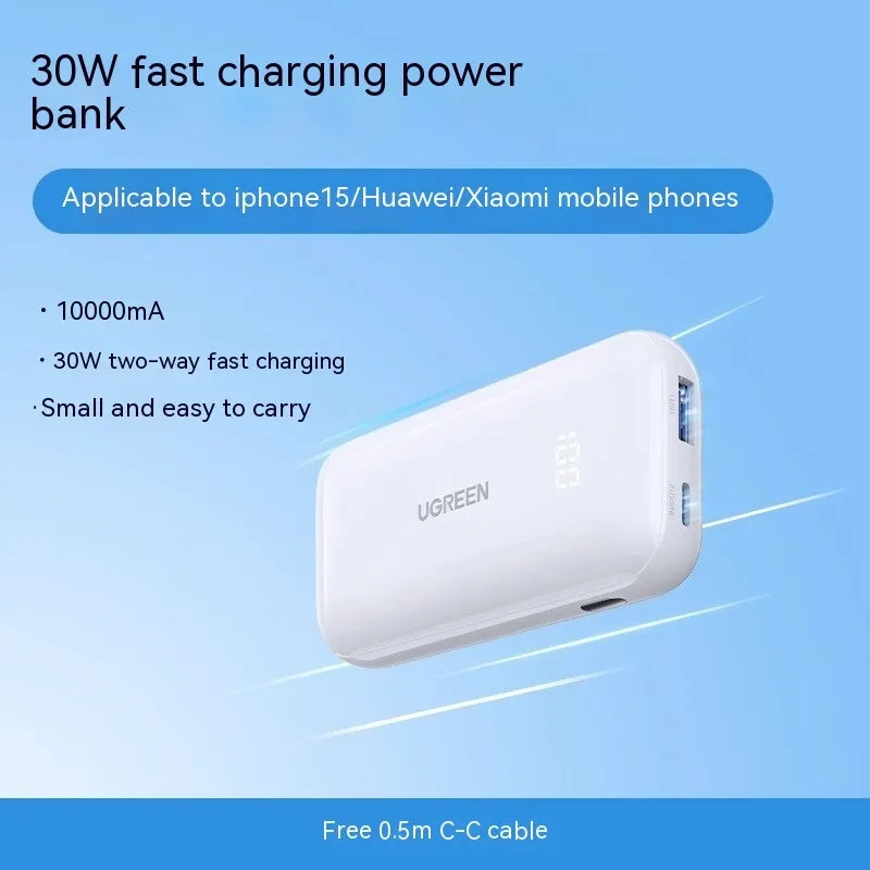 30W Fast Charge 10000 mAh power bank in Cloud White with plastic shell, showing USB-C and USB-A ports, compact size