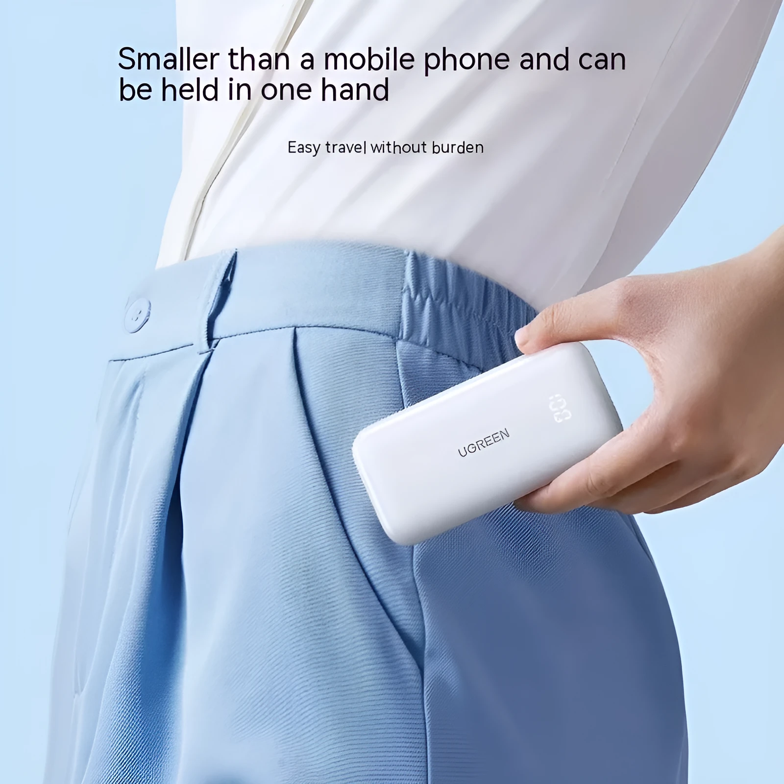 30W Fast Charge 10000 mAh power bank in Cloud White with plastic shell, showing USB-C and USB-A ports, compact size