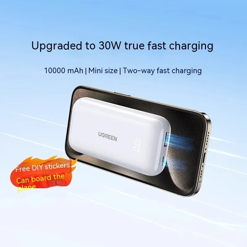 30W Fast Charge 10000 mAh power bank in Cloud White with plastic shell, showing USB-C and USB-A ports, compact size