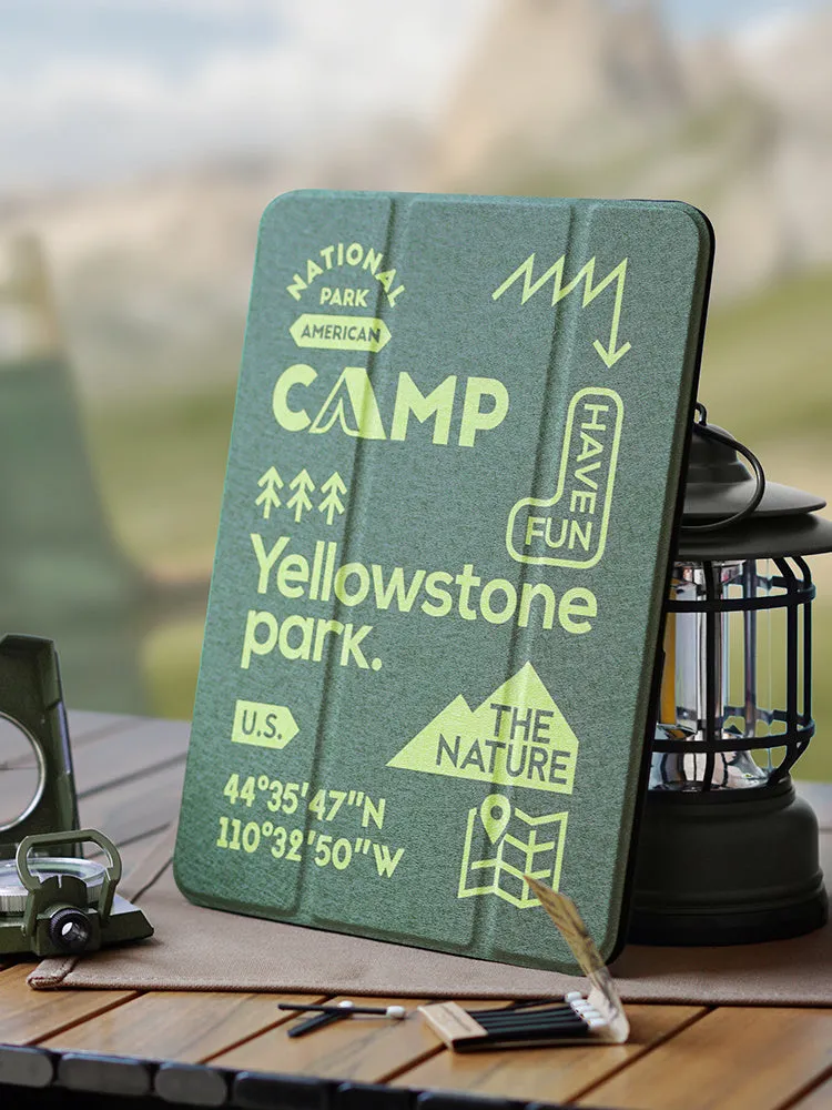 Acrylic tablet case with pen slot, imitation leather front, CAMPING design, fits iPad Air4 Air5 10.9 inch