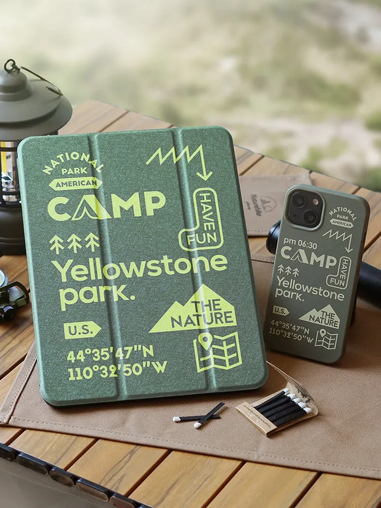 Acrylic tablet case with pen slot, imitation leather front, CAMPING design, fits iPad Air4 Air5 10.9 inch