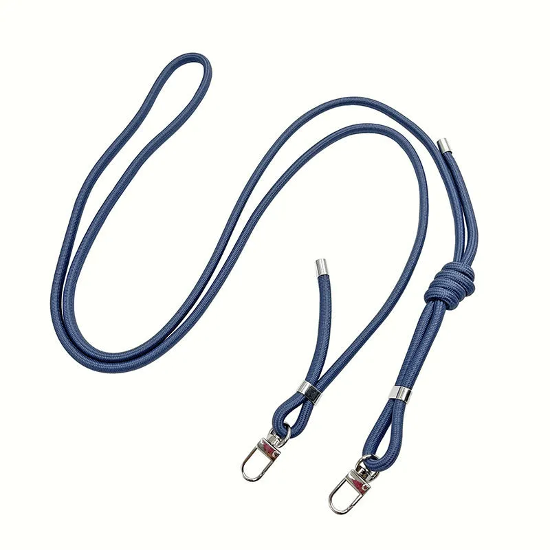 Adjustable crossbody phone lanyard in black with alloy clip, 120-160 cm length, handmade unisex mobile strap