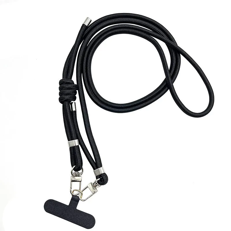 Adjustable crossbody phone lanyard in black with alloy clip, 120-160 cm length, handmade unisex mobile strap