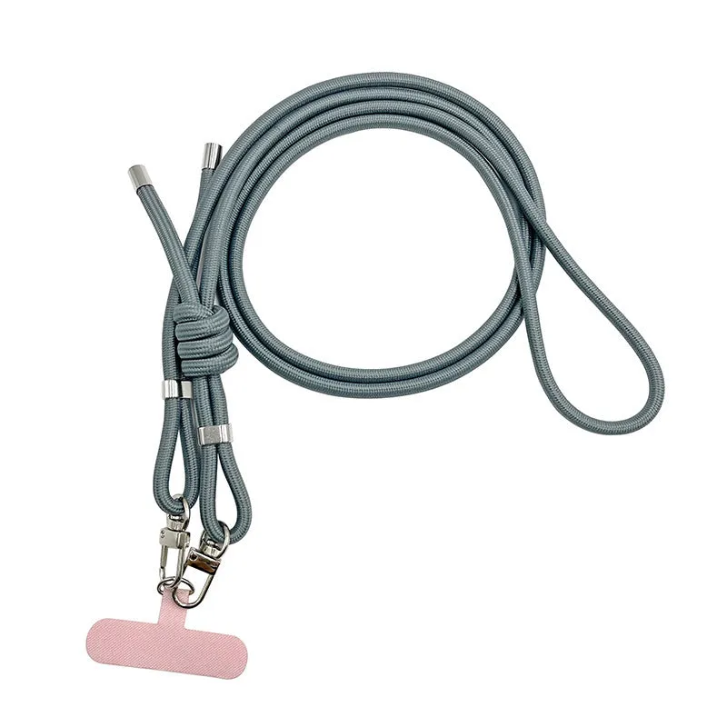 Adjustable crossbody phone lanyard in black with alloy clip, 120-160 cm length, handmade unisex mobile strap