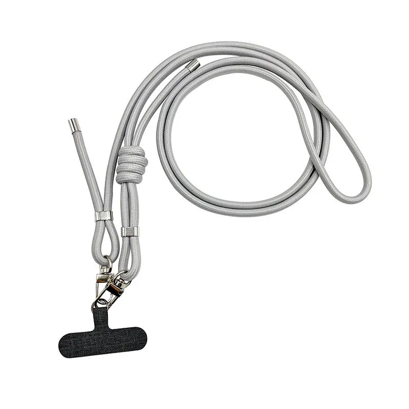 Adjustable crossbody phone lanyard in black with alloy clip, 120-160 cm length, handmade unisex mobile strap